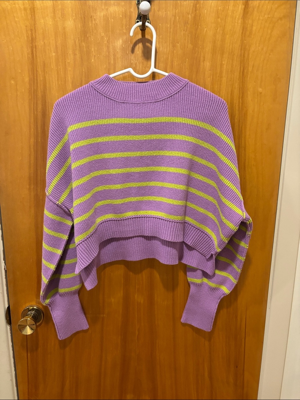 Free People Lavender Crewneck Sweater with Lime Stripes